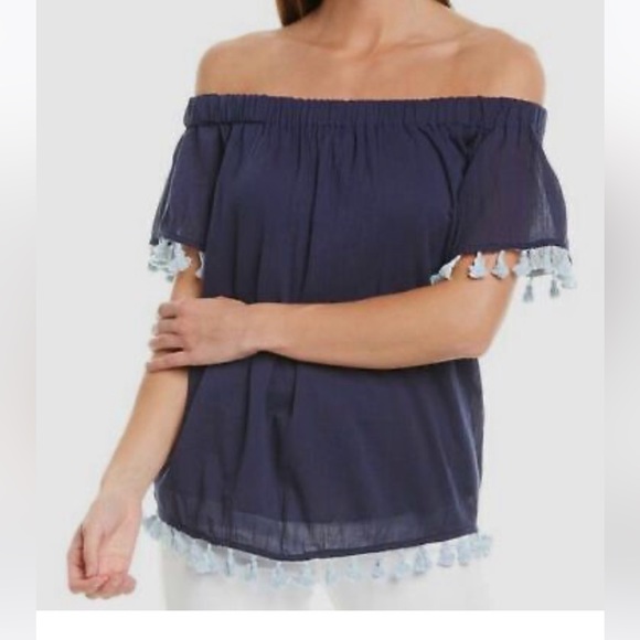 Sail To Sable Women's Blue Off-The-Shoulder White Tassel  Trim Gauze Top - Picture 4 of 4